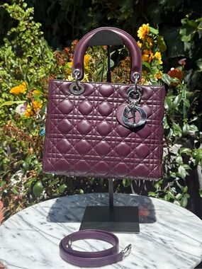 Christian Dior Quilted Leather Medium Lady Dior in Deep Plum w Strap/Silver HDW